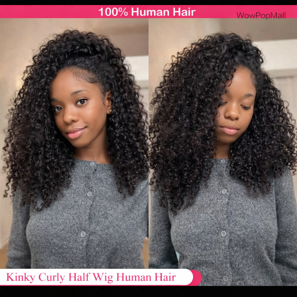 Glueless Kinky Curly Half Wig with Drawstring & Clips – 250% Density (26+ Inch)