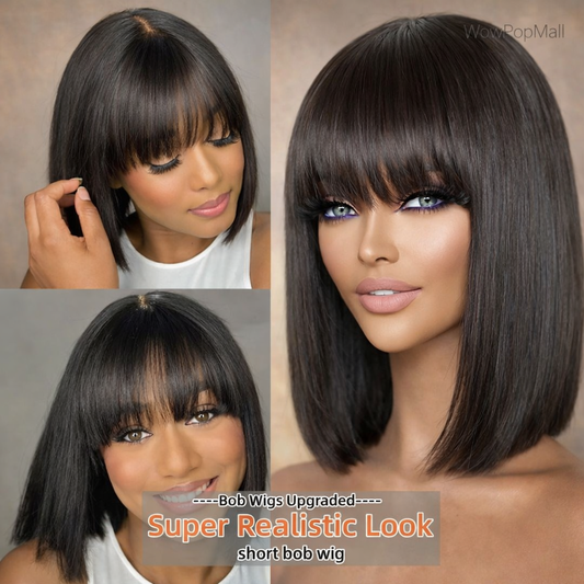 1B Straight Bob Human Hair Wig (Full Machine, Remy, Bleached Knots)