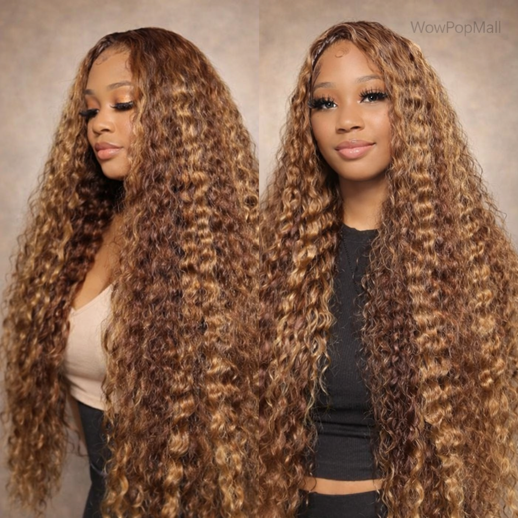 Finros Honey Blonde Highlight Deep Wave Lace Front Wig (30–36") | 13x4 / 13x6 HD Transparent Lace | Brazilian Remy Human Hair