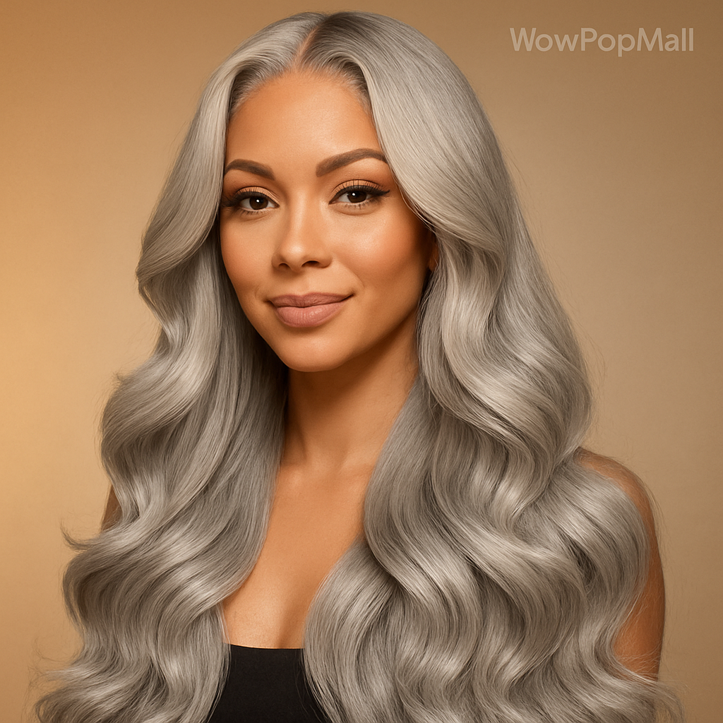 Transparent 13x6 Silver Grey Body Wave Human Hair Lace Front Wig – Pre-Plucked, 250–300% Density, Long Remy Brazilian Hair