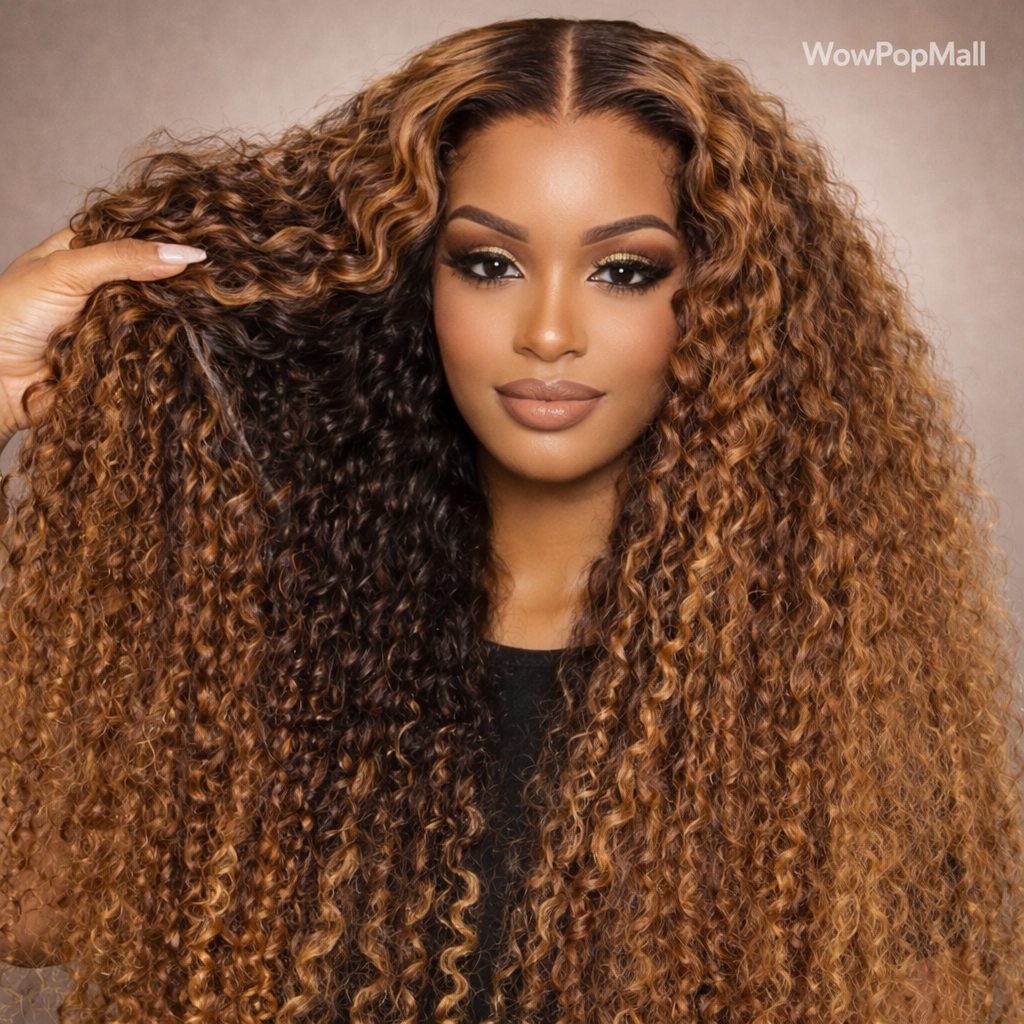 Honey Blonde Highlight Kinky Curly HD Lace Front Human Hair Wig (13x6, 30")