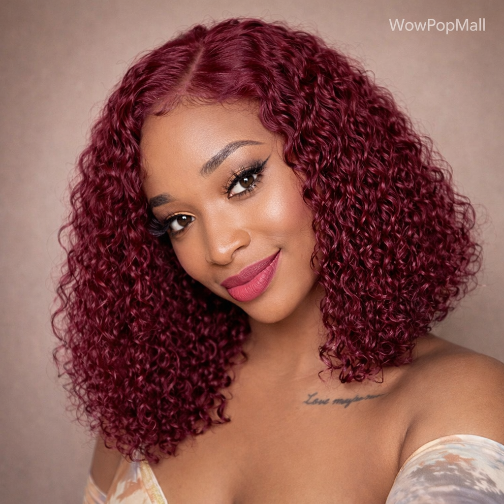 99J Burgundy Water Wave Bob 13x4 Transparent Lace Front Remy Brazilian Human Hair Wig (Short)
