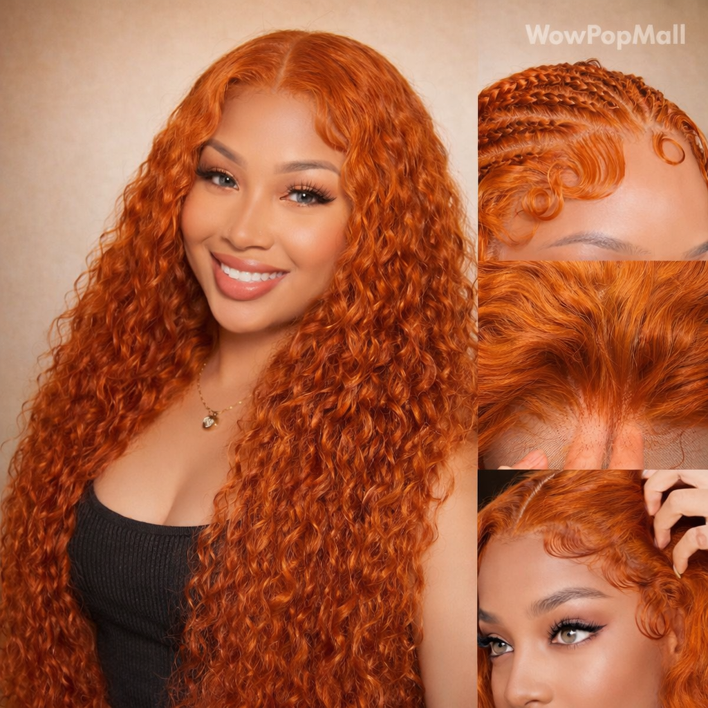 Ginger Orange Water Wave Colored Human Hair Wig · Transparent Lace Front · 26+ Inch