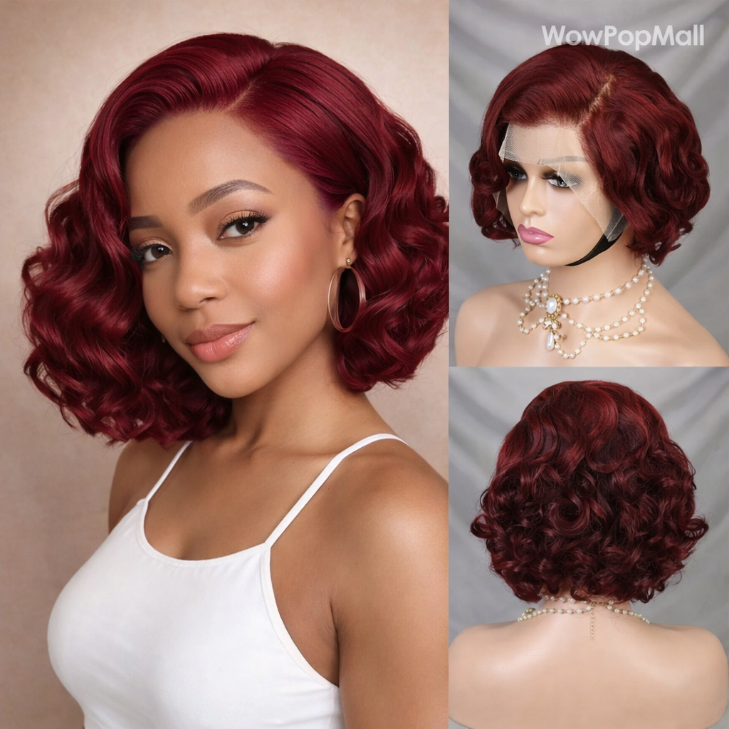 Brazilian 230% 99J Bouncy Curly Bob 13x4 HD Lace99J Burgundy Curly Bob 13x4 HD Lace Front Human Hair Wig (230% Density) Front Human Hair Wigs 99J Burgundy Body Wave Bob Wig Short Curly Human Hair Wig
