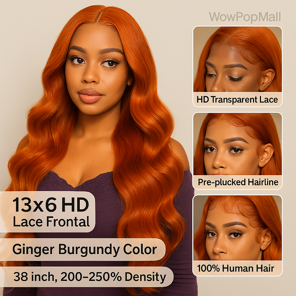Ginger HD Lace Front Wig 13×6 Body Wave – 250% Density Human Hair (30–38 Inch)