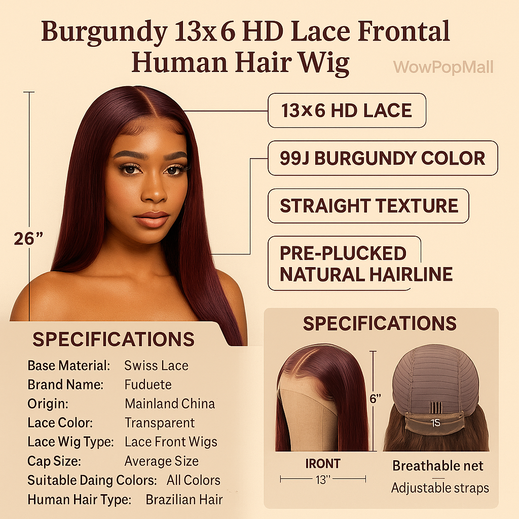 Burgundy 13x6 HD Lace Frontal Human Hair Wig Straight wig 13x4 Lace Front Human Hair Wigs For Women 99J Colored 200 High Density