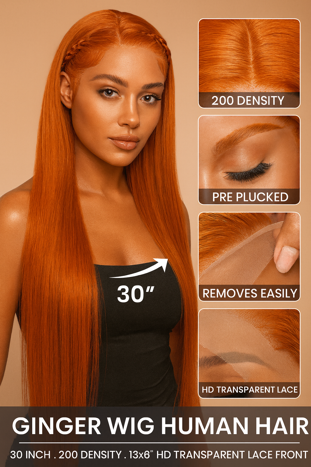 Ginger Orange 13x6 HD Lace Front Human Hair Wig – 30 inch, 200 Density, Straight, Pre-Plucked Natural Hairline