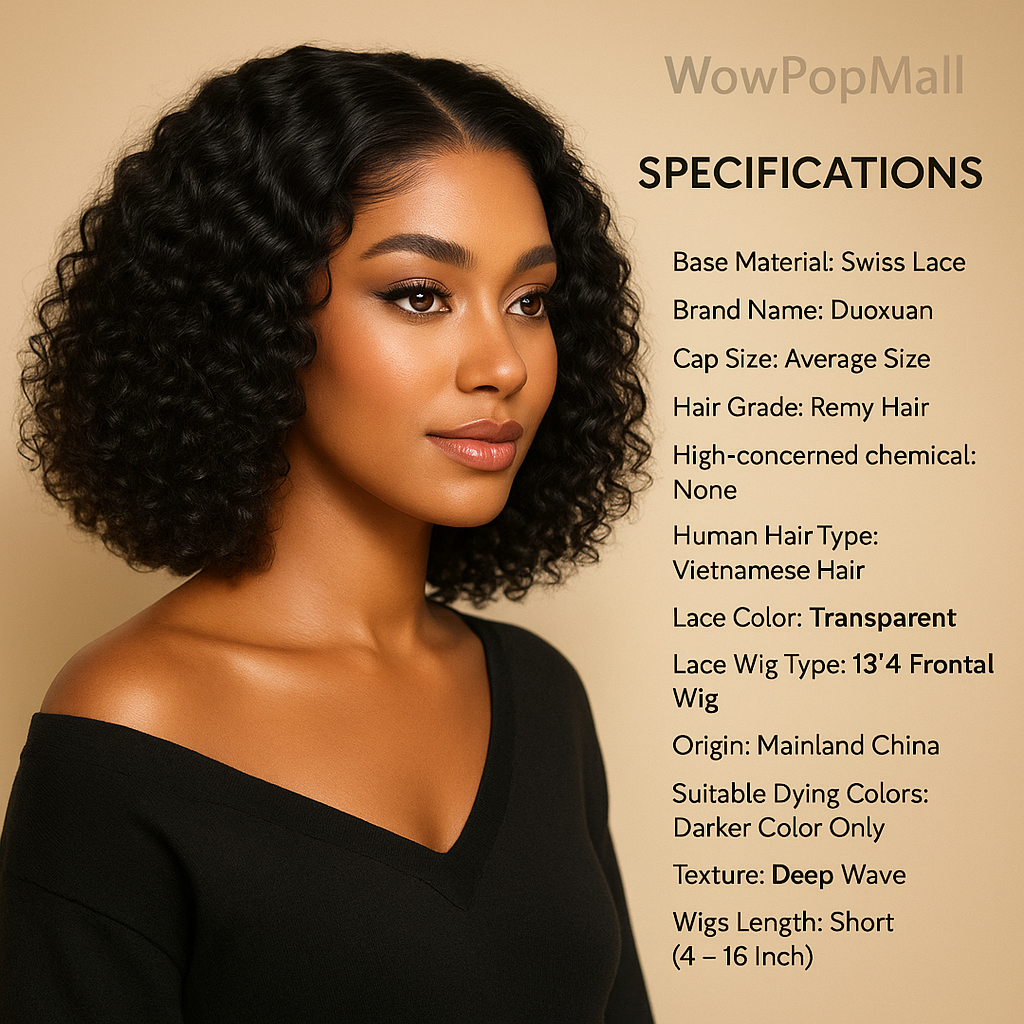 13x4 Short Curly Bob Deep Wave Human Hair Lace Front Wig – 200% Density | Vietnamese Remy Hair