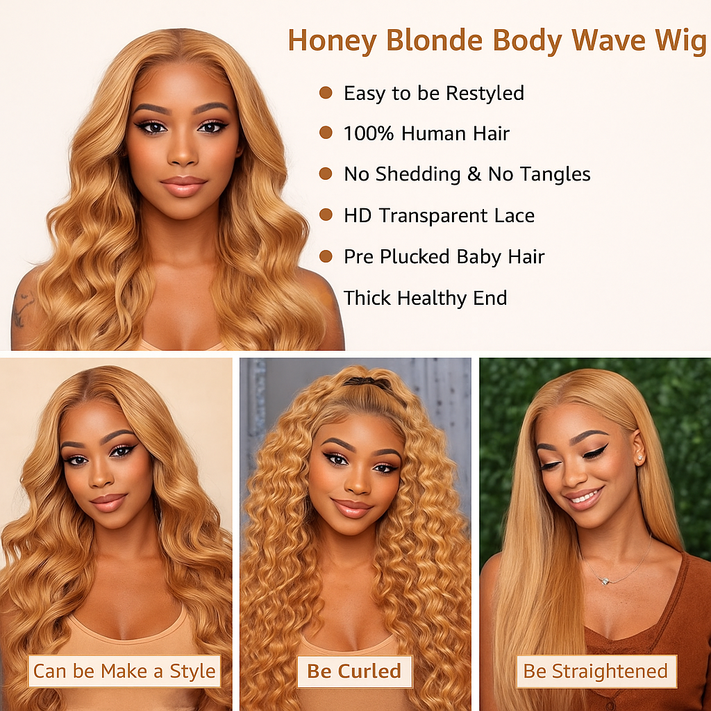 Honey Blonde 13x6 HD Lace Front Human Hair Wig – 250% Density Body Wave Brazilian Remy