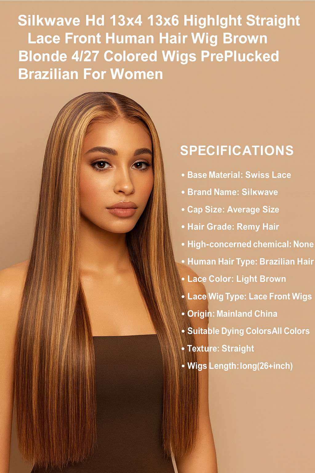 Silkwave 13x4 & 13x6 Highlight Straight Human Hair Lace Front Wig – Brown Blonde 4/27 Pre-Plucked Brazilian Remy