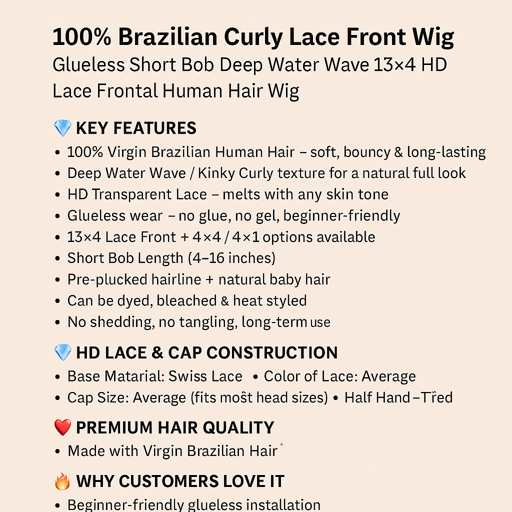 100% Brazilian Curly Lace Front Wig – Glueless Short Bob Deep Water Wave 13×4 HD Lace Frontal Human Hair Wig