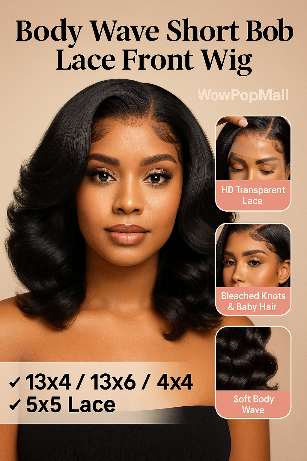 Body Wave Short Bob HD Glueless Lace Front Human Hair Wig – 4x4 / 5x5 / 13x4 Options