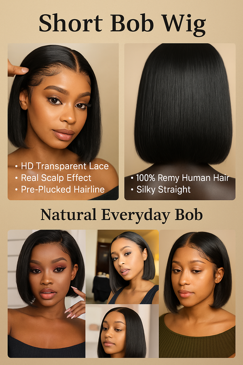 Premium Straight Short Bob Transparent Lace Front Wig – 100% Human Hair, Pre-Plucked 13×4 HD Lace