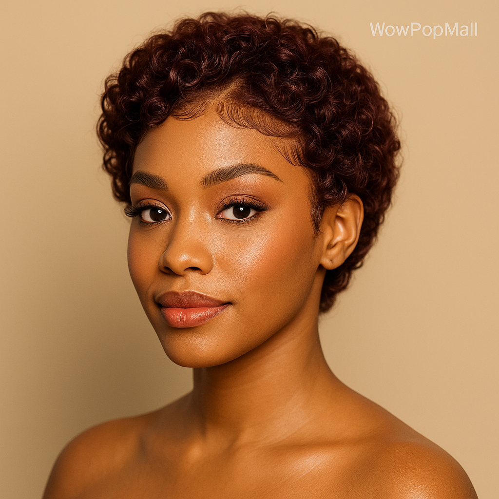 99J Burgundy Highlight Short Curly Pixie Cut Human Hair Lace Front Wig – Pre-Plucked 13×2 Bob Style