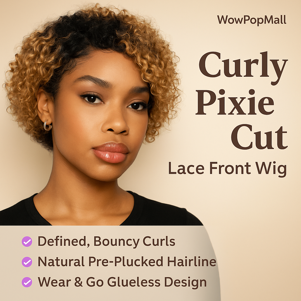 99J Burgundy Highlight Short Curly Pixie Cut Human Hair Lace Front Wig – Pre-Plucked 13×2 Bob Style