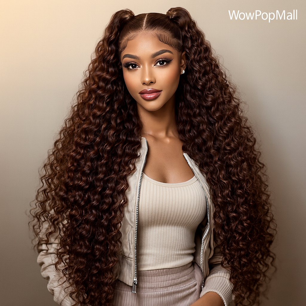 Deep Curly Chocolate Brown HD Lace Frontal Wig – 13x4 / 13x6 Virgin Brazilian Human Hair (30–36 Inch)
