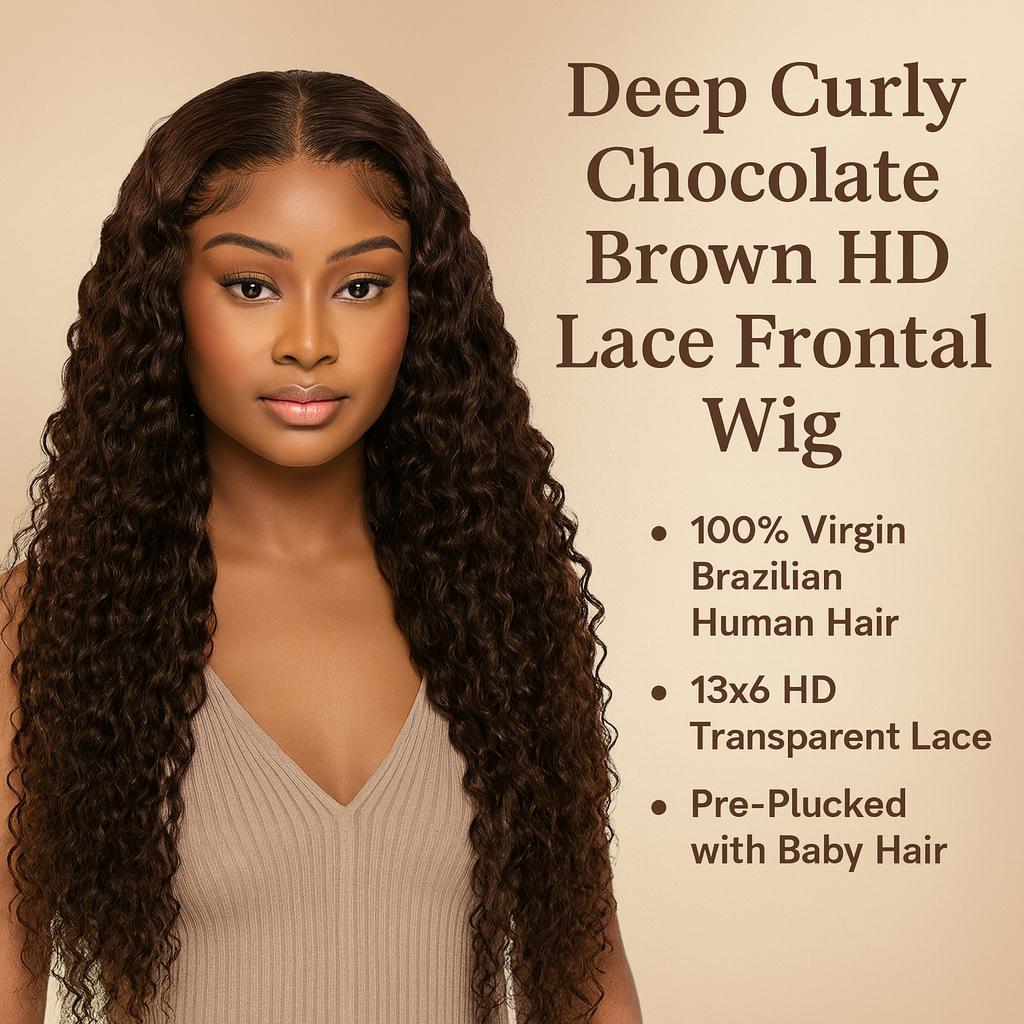 Deep Curly Chocolate Brown HD Lace Frontal Wig – 13x4 / 13x6 Virgin Brazilian Human Hair (30–36 Inch)