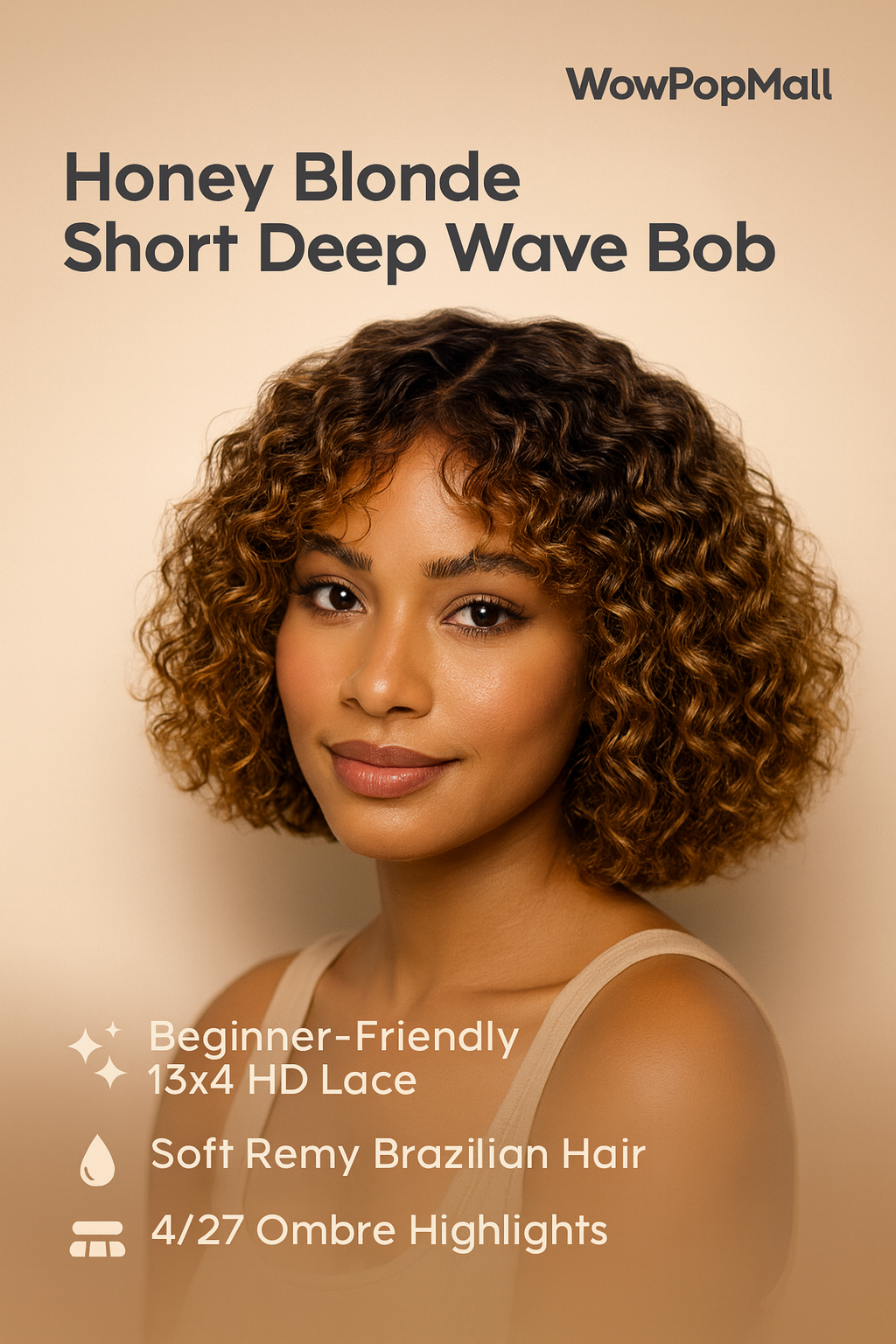 Deep Wave Short Bob Honey Blonde Highlight HD Lace Front Human Hair Wig (13x4)
