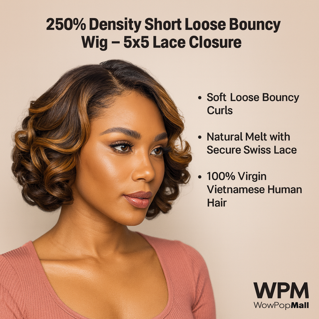 250% Density 5x5 Lace Closure Short Loose Bouncy Wig – 100% Virgin Vietnamese Human Hair (4–16 inch)