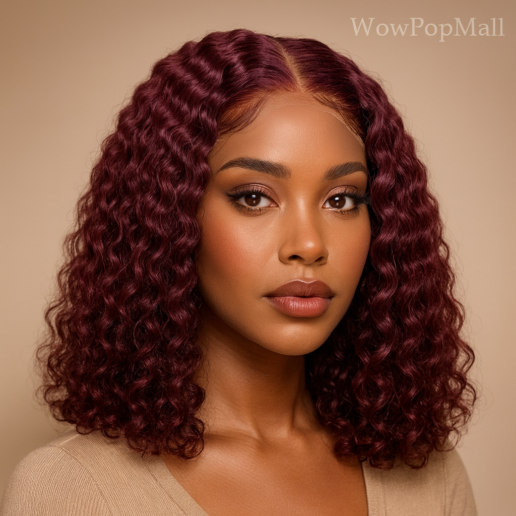 99J Burgundy Short Deep Wave Wig – 13x4 HD Lace Front, Glueless Brazilian Human Hair (14 Inch)