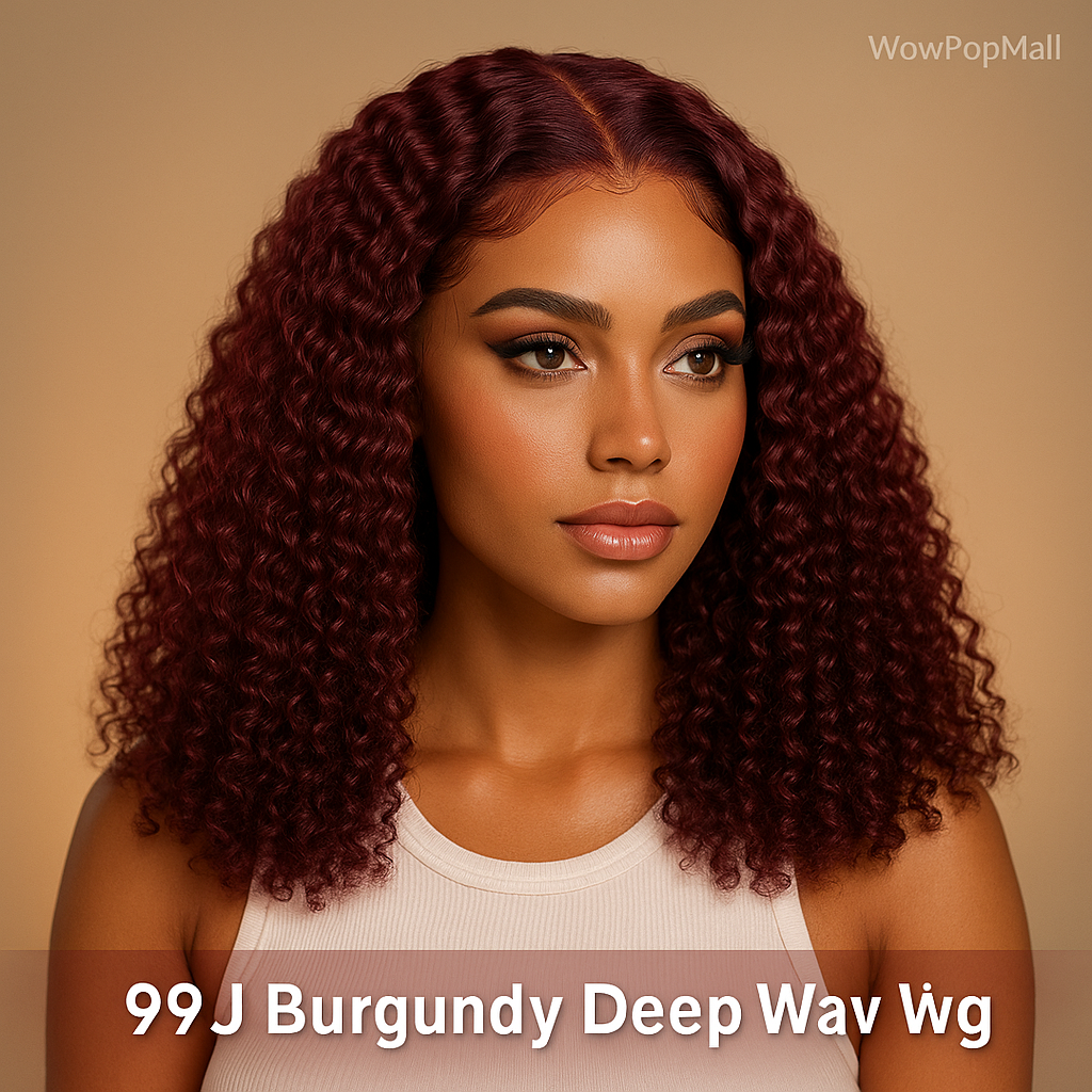 99J Burgundy Short Deep Wave Wig – 13x4 HD Lace Front, Glueless Brazilian Human Hair (14 Inch)
