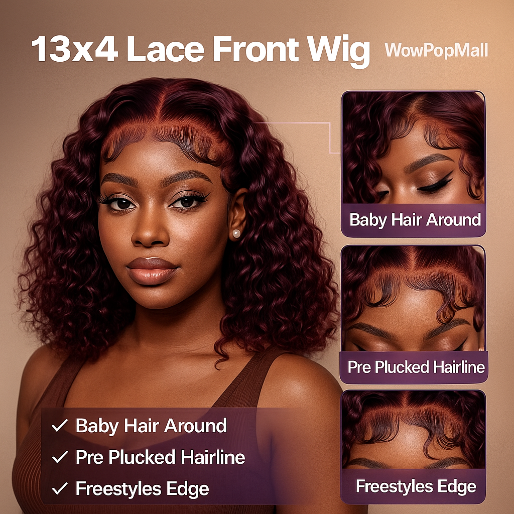 Burgundy 99J Deep Wave Bob Human Hair Wig – 13x6 / 13x4 HD Lace Front Glueless Short Curly Wig