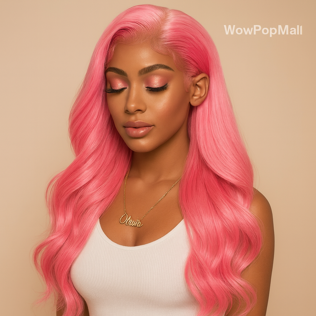 Light Pink 34–36” Body Wave HD Lace Front Human Hair Wig – Pre-Plucked, Transparent Lace, 100% Brazilian Human Hair