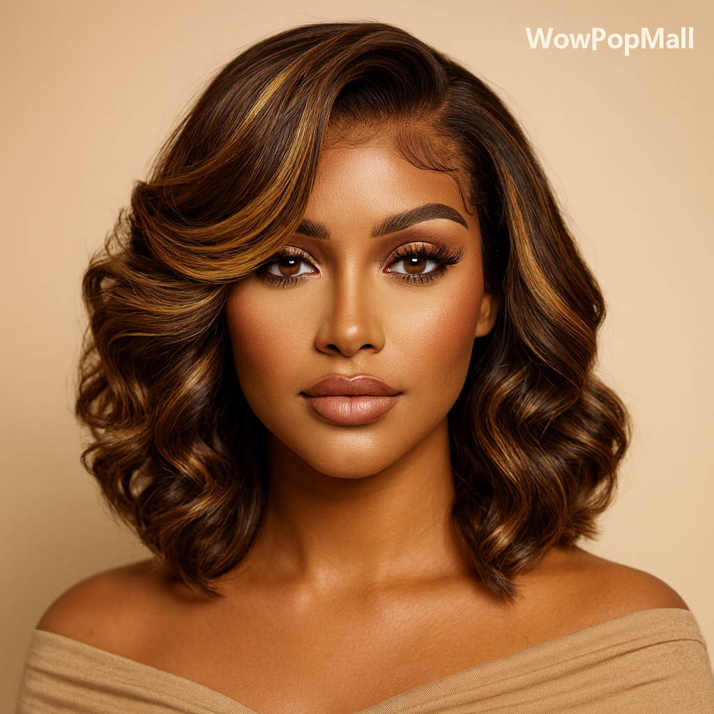 Short Body Wave Bob Wig with Highlights – 13×4 Transparent Lace Frontal, Ombre Brown Blonde 4/27, 100% Brazilian Human Hair