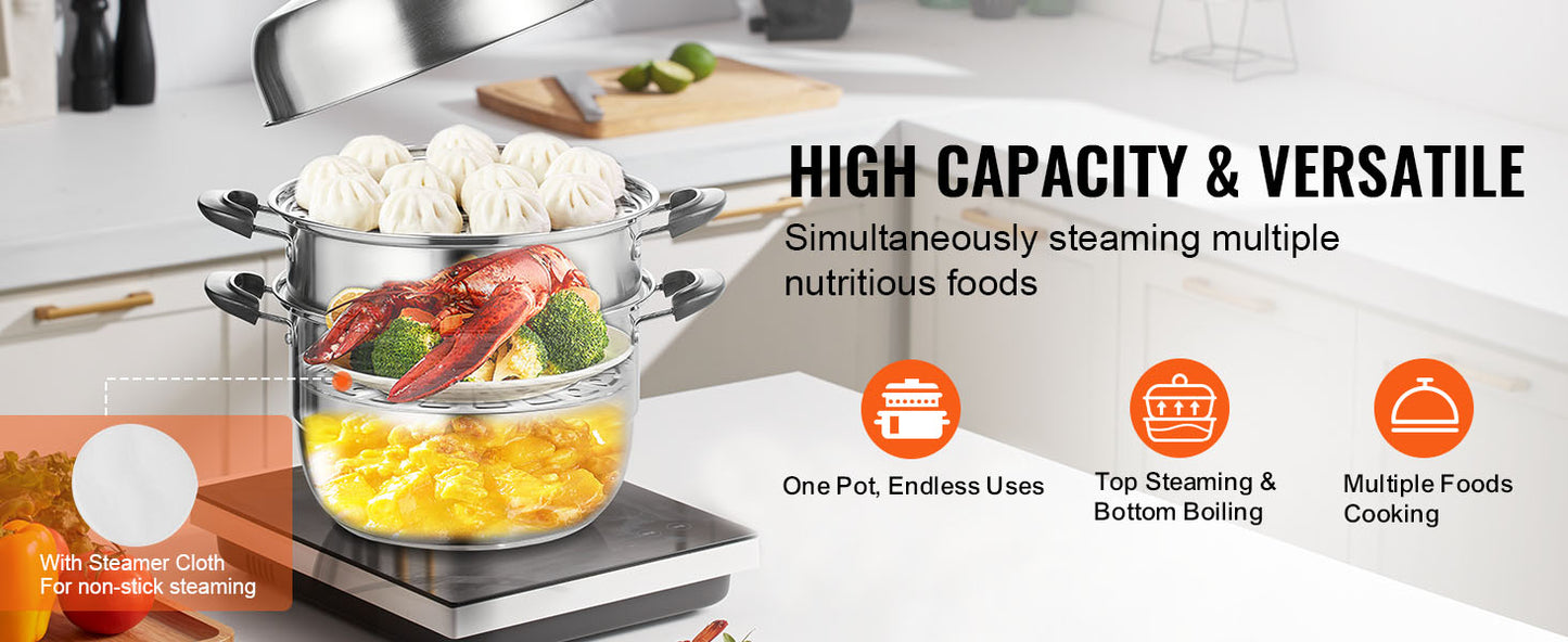 SucceBuy 3-Tier Stainless Steel Steamer Pot 28cm – 8.5QT Cookware