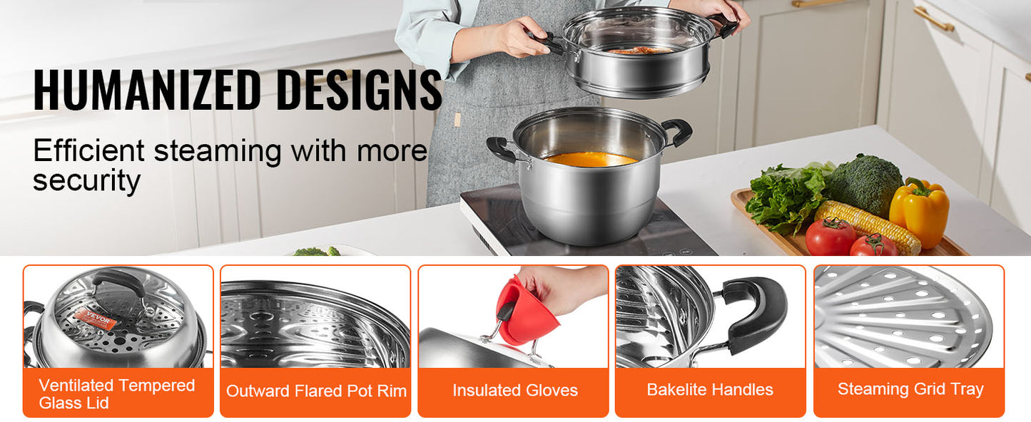 SucceBuy 3-Tier Stainless Steel Steamer Pot 28cm – 8.5QT Cookware