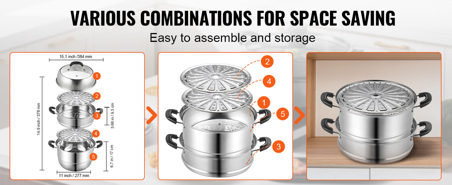 SucceBuy 3-Tier Stainless Steel Steamer Pot 28cm – 8.5QT Cookware